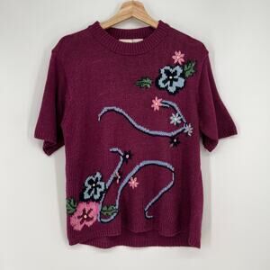 Vintage 80s Two Twenty Sweater Short Sleeve Womens Medium Plum Blue Ramie Cotton